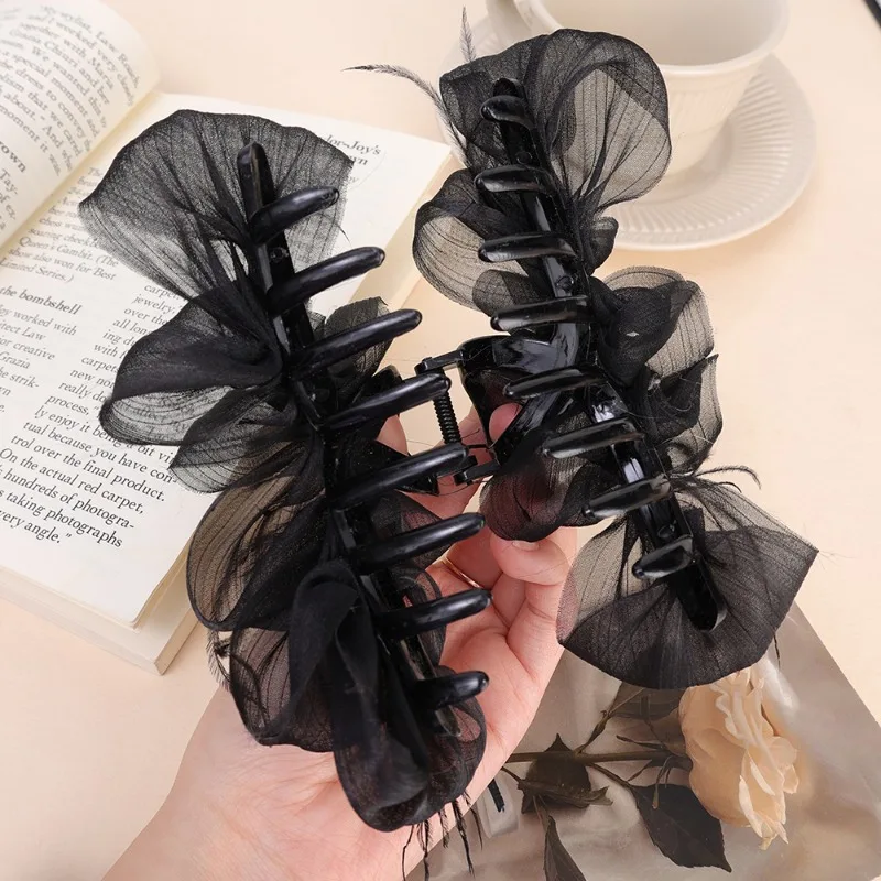 両面メッシュヘアクリップ、ロリータレトロ、ガールズバックスプーン、固定ヘアサイド、ブラックボウノット、ラインストーンレースヘッドウェア、2023