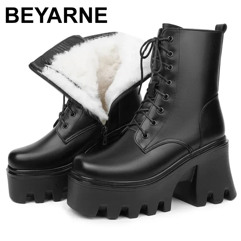 Women Ankle Boots Platform High Heel 2024 Genuine Leather Wool Warm Winter Boots Women Lace-up Fashion Biker Boots Women