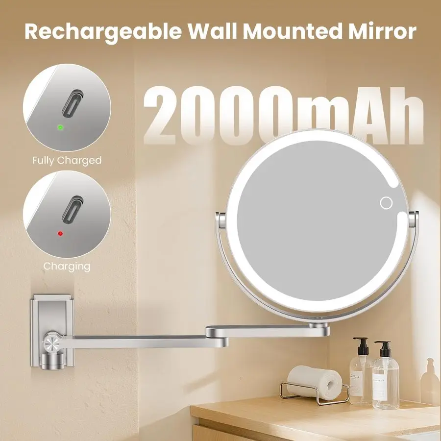 Mounted Makeup Mirror with Lights, 8inch 20X 1X Magnifying Mirror, Rechargeable LED Vanity Mirror with 3 Color Lights, 360 Swive
