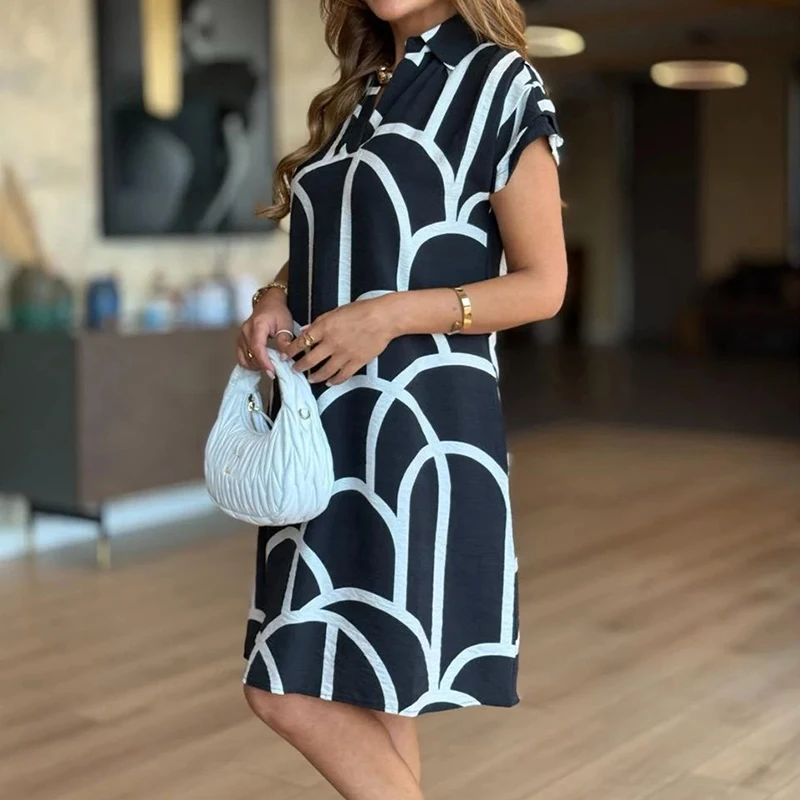 

Модное свободное вечернее платье с короткими рукавами и лацканами, 2025 г., женское элегантное платье трапециевидной формы с принтом, летнее повседневное короткое мини-платье с карманами