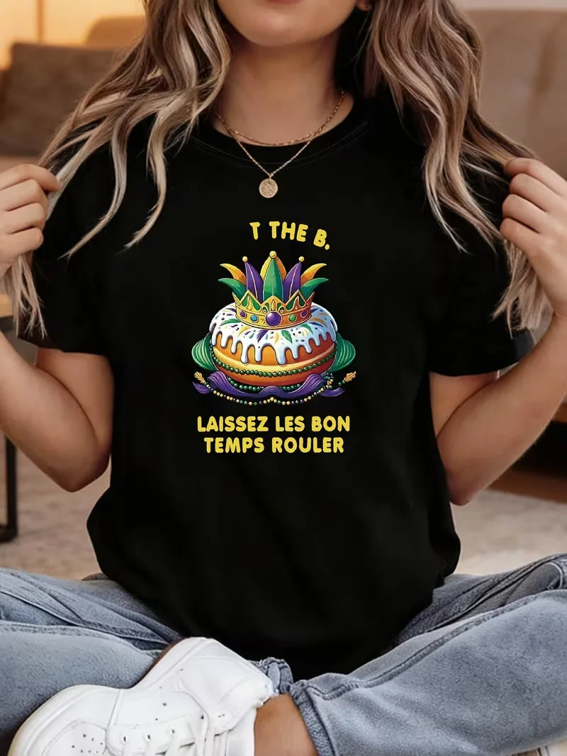 

Carnival I THE B. LAISSEZ LES BON TEMPS ROULER Женская футболка с круглым вырезом и короткими рукавами с текстовым принтом на весну и лето