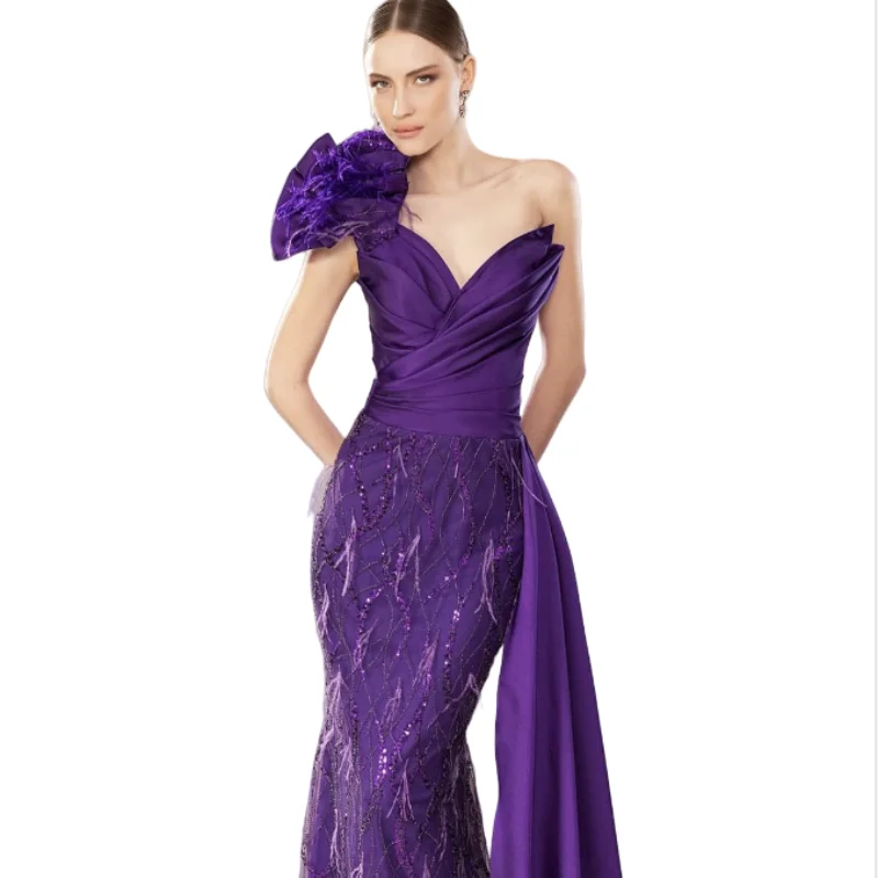 Elegant Evening Gowns With Bows On The Shoulders V-neck Ruche Gowns Feathered Cocktail Dresses