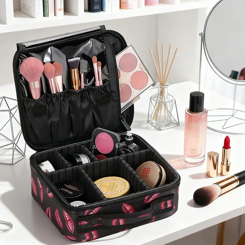 Portable Professional Makeup Bag Train Case Makeup Cosmetic Bag Organizer Portable Artist Storage Bag with Adjustable Dividers