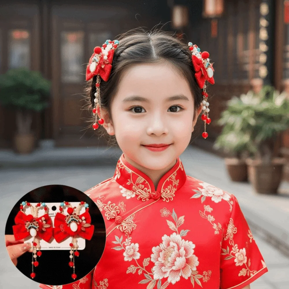

1 Pair Traditional Chinese Style Hanfu Red Hair Clips Pearl Butterfly New Year Headwear Cute Ancient Bow Tassel Hairpin Children