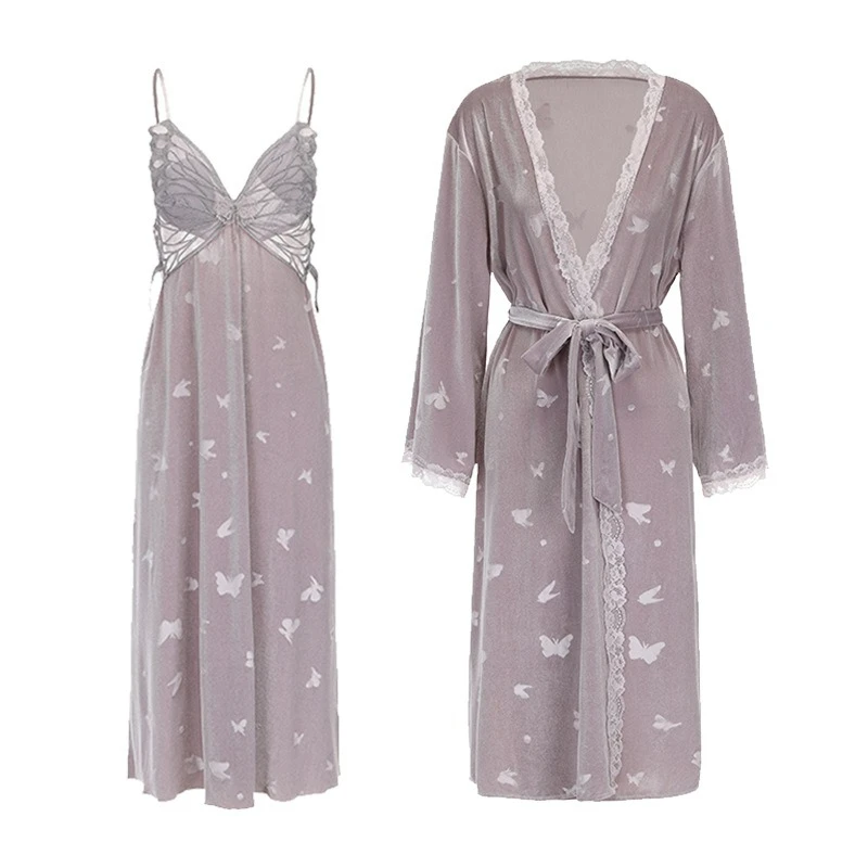 Pure Sexy Simple Butterfly Print Halter Nightgown Outerwear Set for Women 2026 Autumn/Winter Warm Velvet Chest Cushion Pajamas