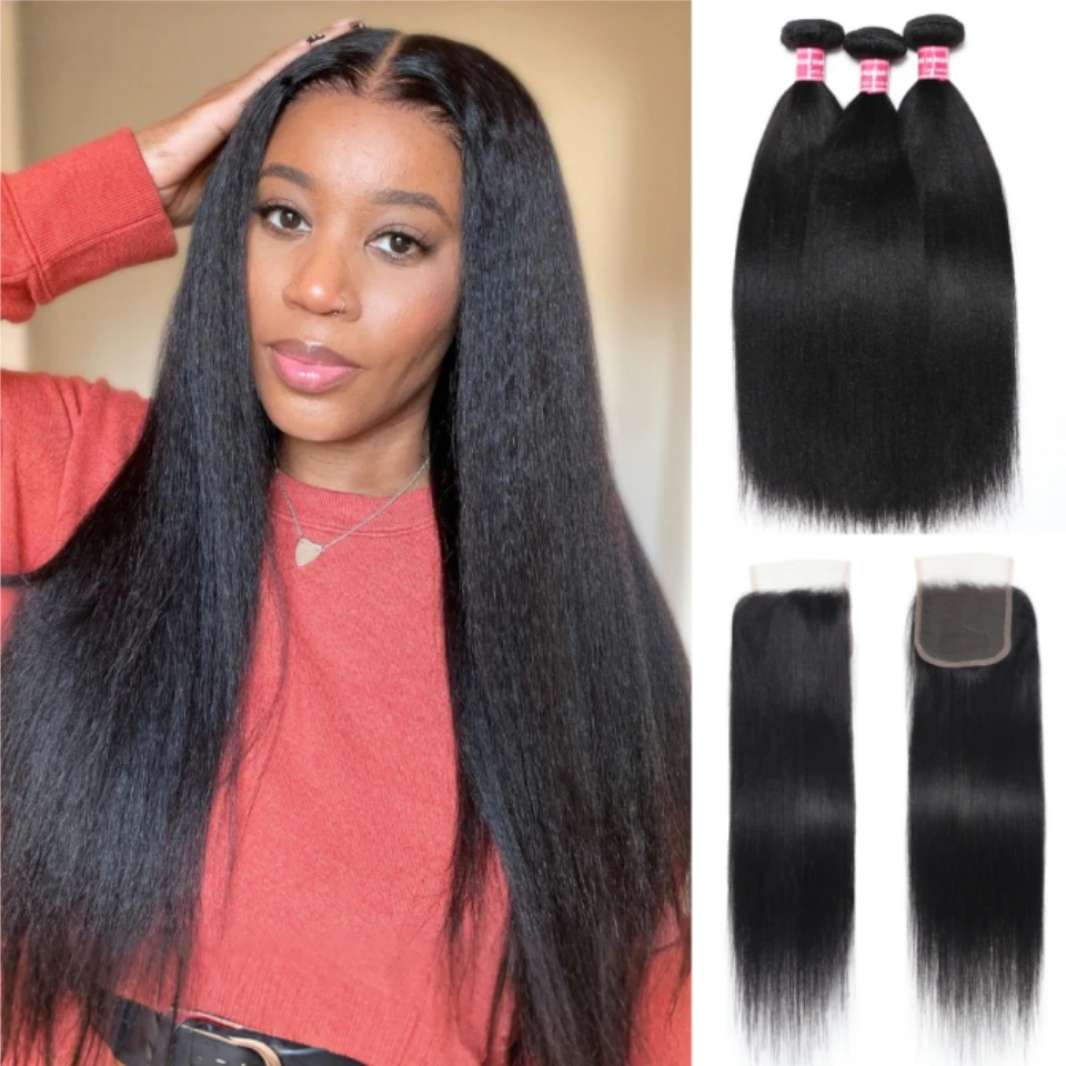 

Наборы прямых человеческих волос с закрепляющейся основой 4x4, накладные пряди для наращивания волос