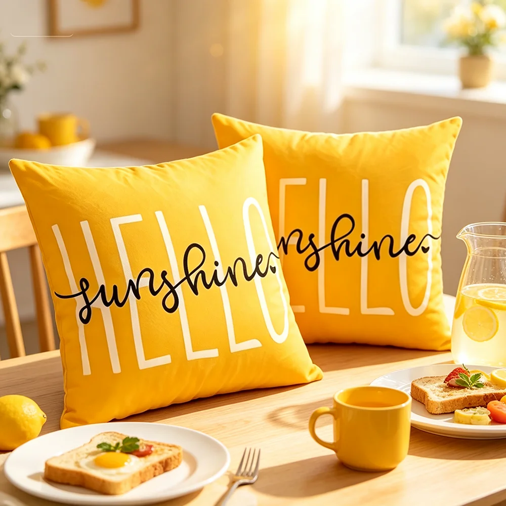 1PC Hello Sunshine Decorative Pillow Covers Yellow Background White Letters 18x18 Inch Zipper for Sofa Couch Living Room