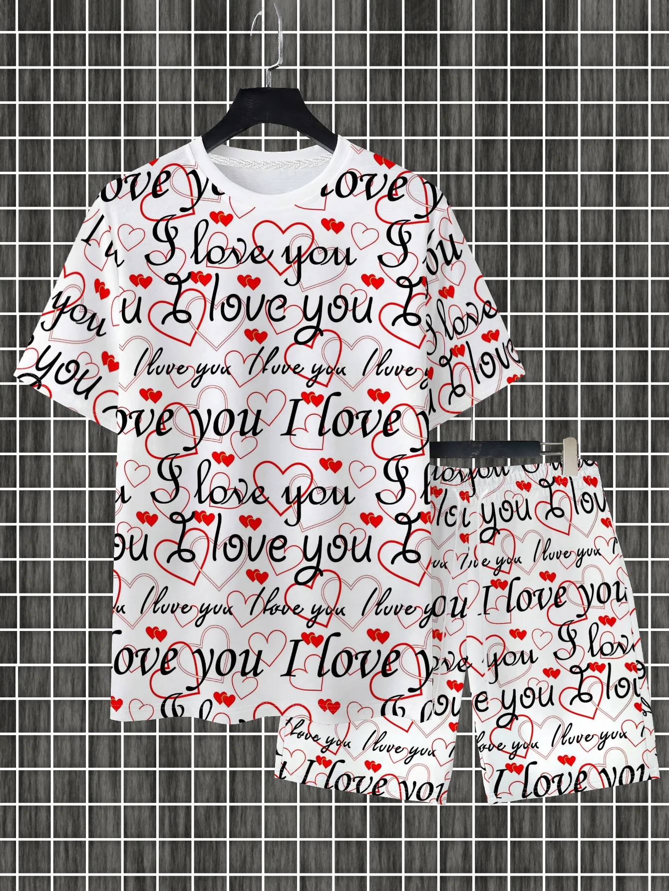 

2026 New "I Love You" Valentine's Day Costumes Men's Fashion Versatile T-shirt Set Suitable for Daily Wear Attire