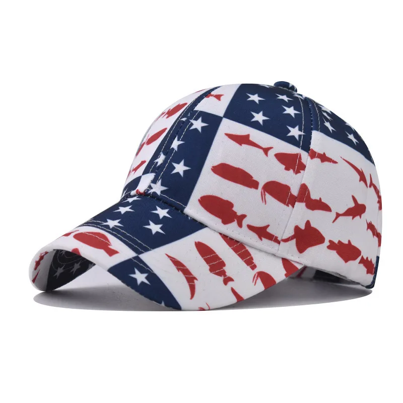 

Hat With Large Embroidered American Flag Classic Flag And Small Fish Print Baseball Cap