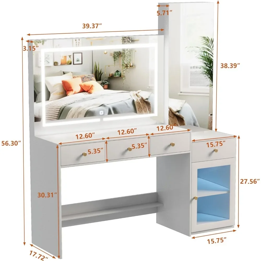 화장대 세트 조명 및 거울 2 개, 서랍 4 개, 침대 옆 테이블 및 전신 거울, 화장대 책상