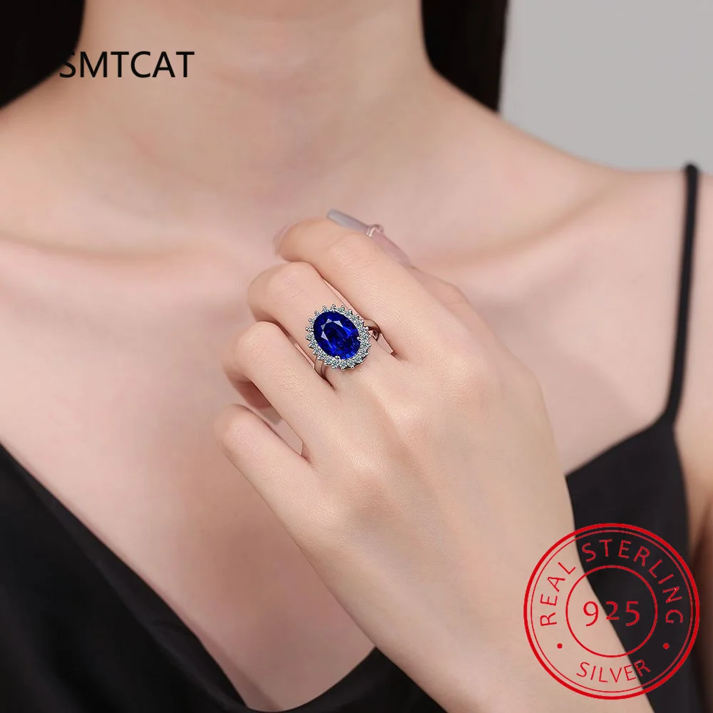 خاتم الأميرة ديانا مكون من الياقوت الأزرق عيار 925 من الفضة الإسترليني قابل للتعديل للنساء مجوهرات كريمة بيضاوية أنيقة هدية زفاف