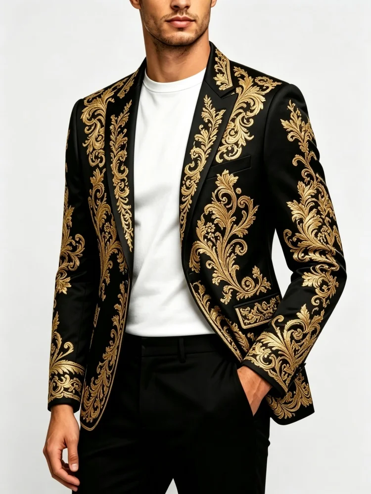 Men's One Button Blazer Vintage Golden Filigree Texture Print Slim Fitted Notched Lapel Outer Coat