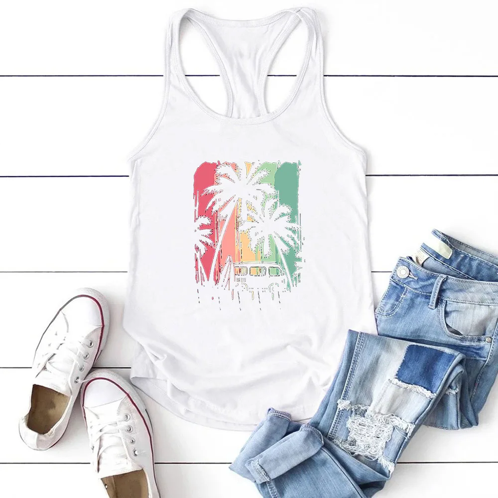 Seeyoushy Coconut Tree Car Print Printed Tank Top Summer Casual Vacation Vest Fashion Women's Oneck Sleeveless T-shirt Top Mujer