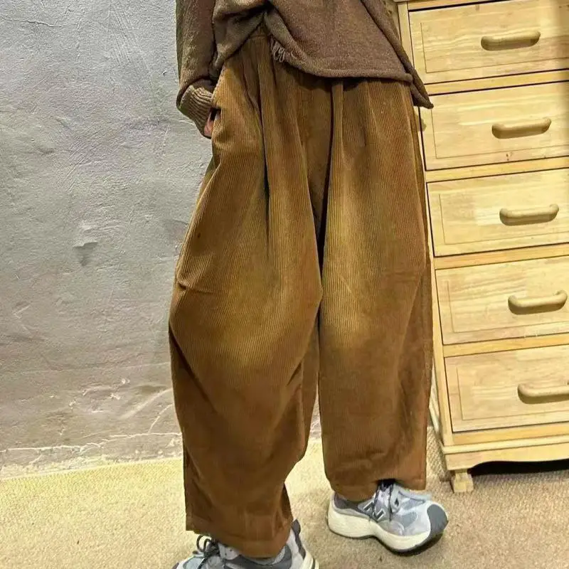 Autumn New Arts Style Women Elastic Waist Loose Casual Ankle-length Pants High Quality Cotton Corduroy Vintage Harem Pants D148