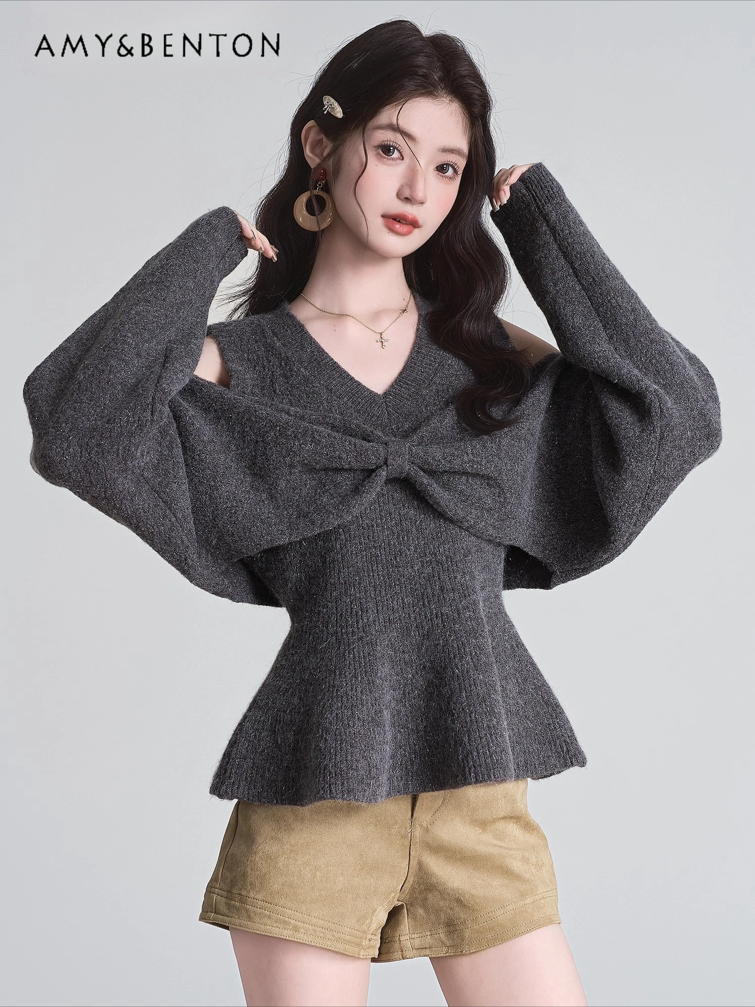 

French Style Gray Bow V-Neck Long Sleeve Slim Knit Sweater for Women Autumn Winter Pullover Off-Shoulder Sweater