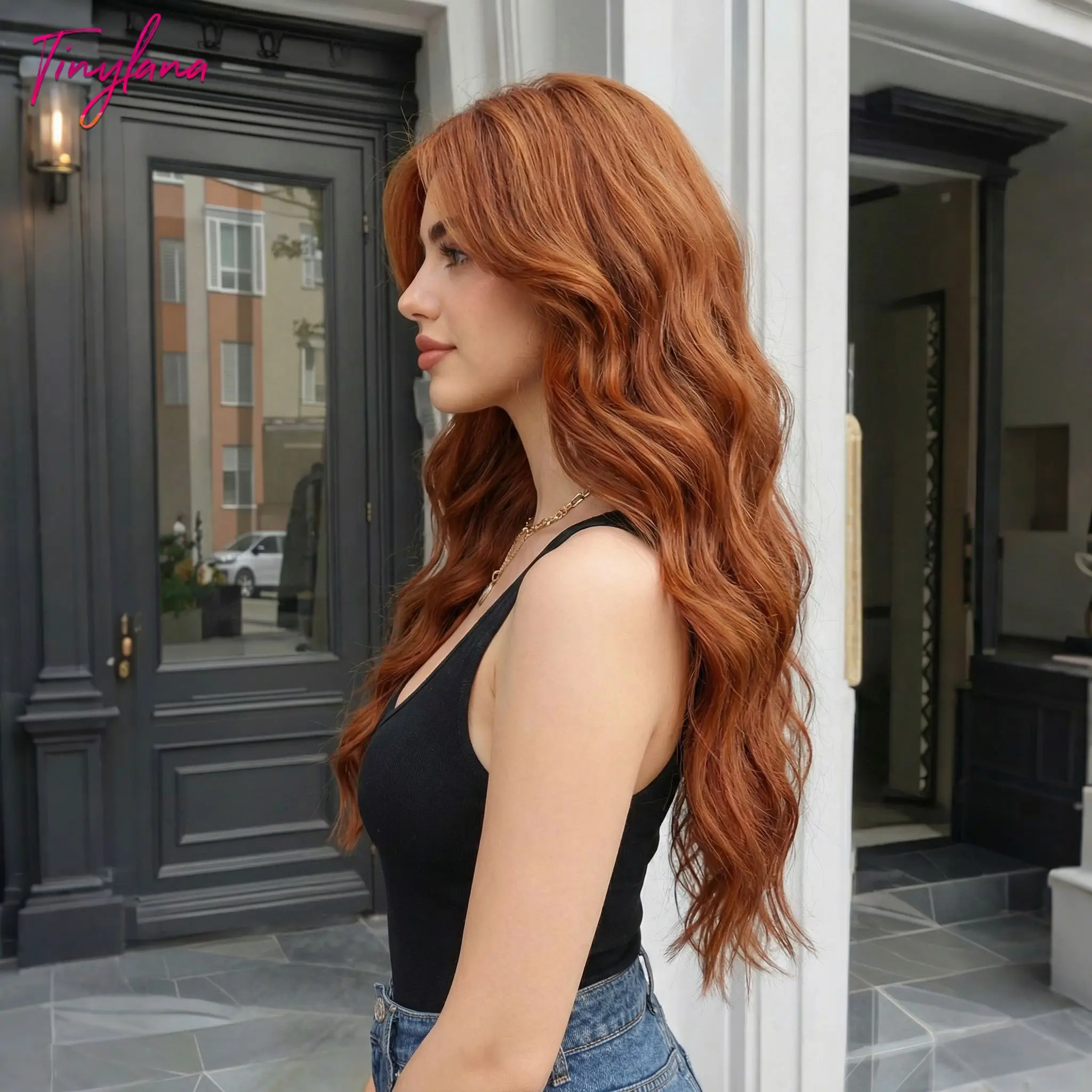 Long Wavy Copper Brown Wig Without Bangs for Women Natural Vibrant Auburn Synthetic Hair Heat Resistant Fiber Daily Wear Cosplay