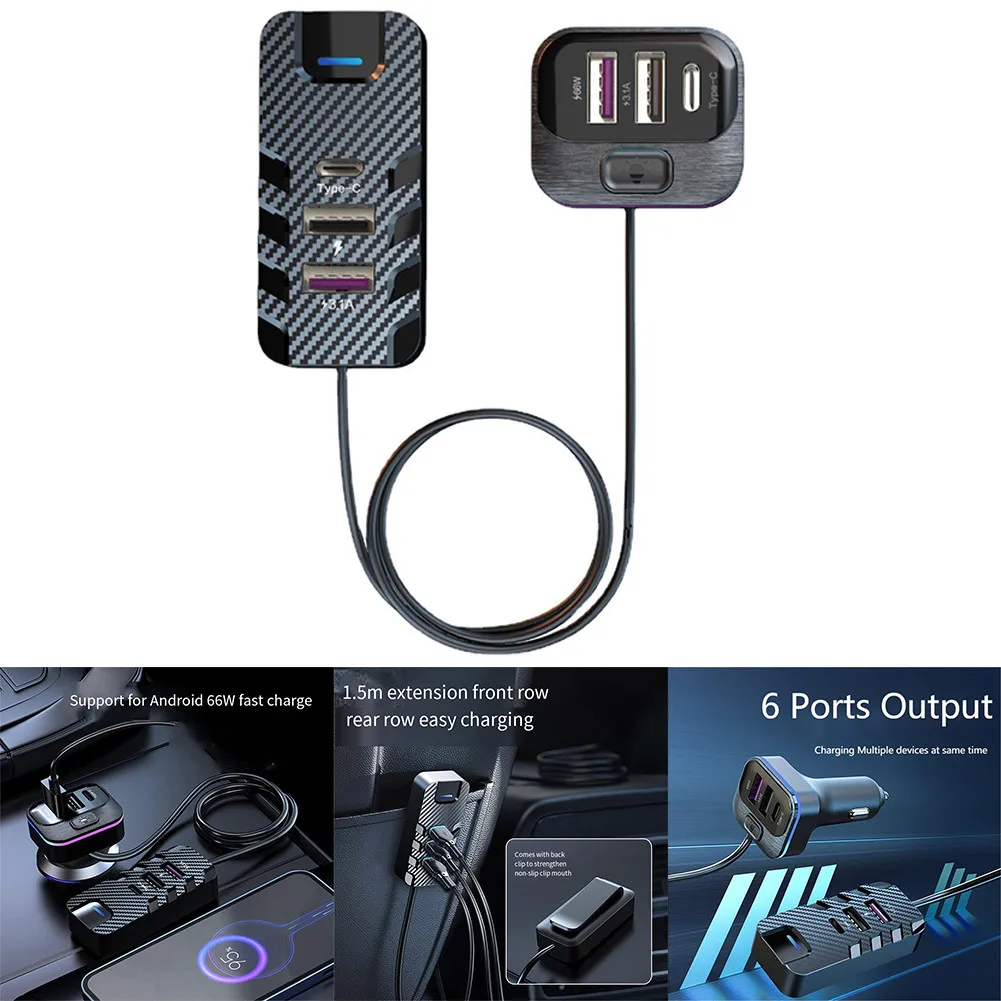 

66W Car Cigarette Lighter Splitter QC 3.0 PD USB Car Charger PD Quick Charging Car USB Socket Adapter W/ 1.5m Cable