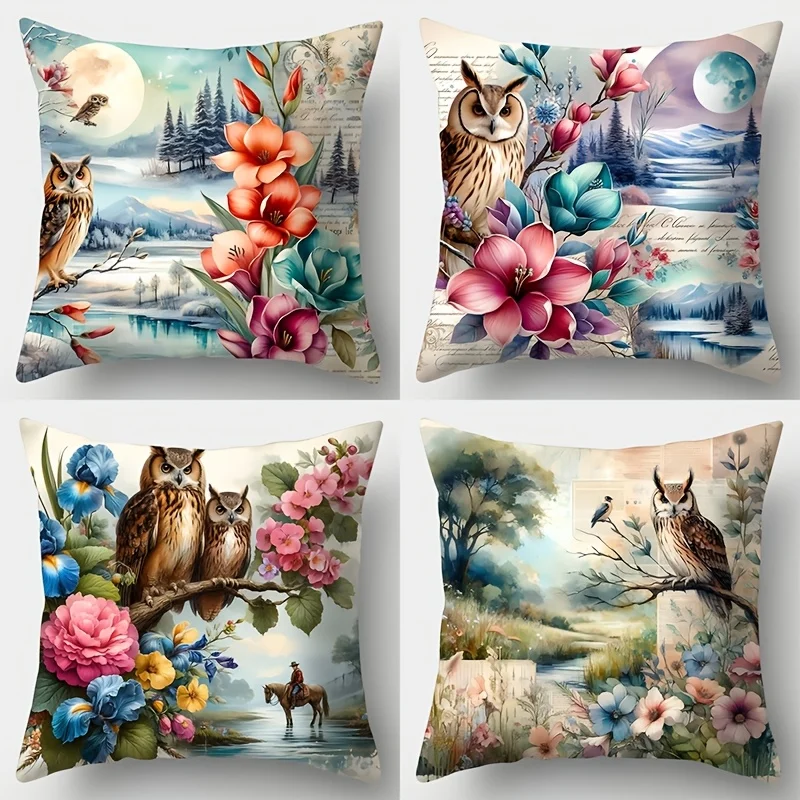 4pcs Natural Style Owl Floral Print Pillow Covers Lake Mountain Landscape Pattern Decorative Cushion Cases for Living