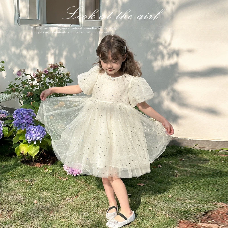 Girls Children Dress Princess Dress 2024 Summer Girls Glitter Temperament Fairy Pommel Skirt Korean Sweet Style Clothes