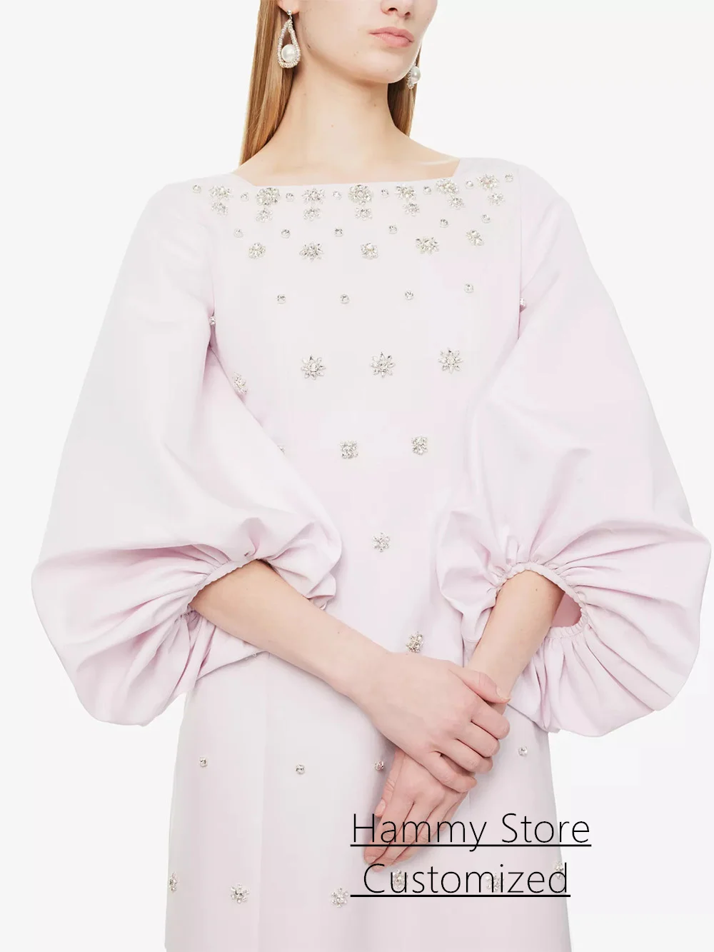 فستان سهرة وردي فاتح مخصص بأكمام منتفخة ورقبة مربعة وأحجار الراين مطرز على شكل حرف A فستان حفلة موسيقية عربي مع كيب #4