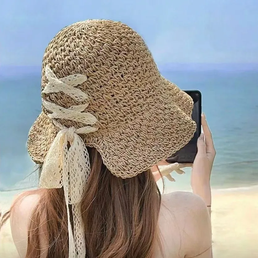 

Women's Straw Sun Hat Summer Lace-Up Bow Design Ponytail Bucket Wide Brim Sun Shade Visors Foldable UV Protect Panama Cap