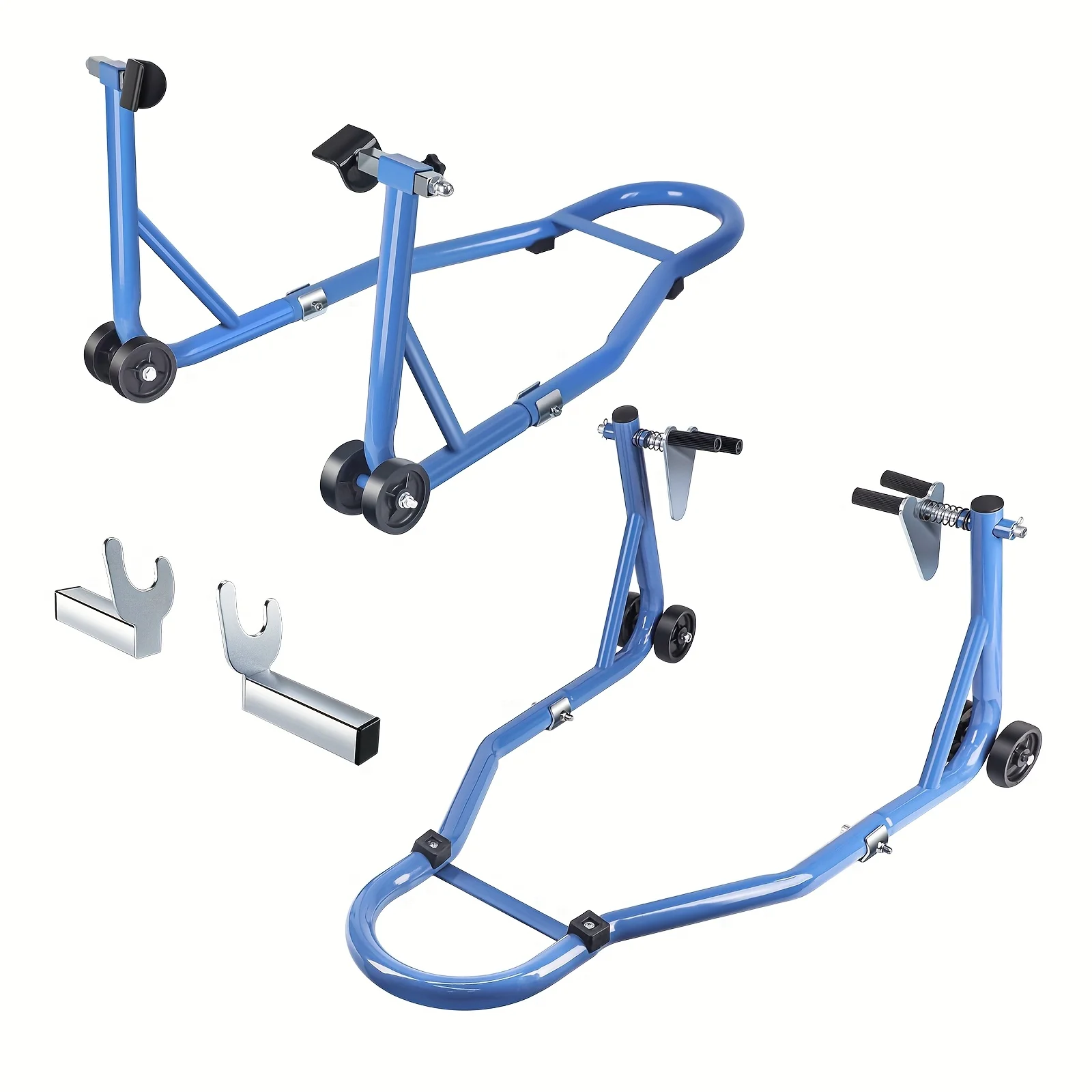 

Motorcycle Stand - Heavy Duty Sport Bike Front And Rear Wheel Lift with Swingarm Paddock Stands, U & L Adapters, Adjustable