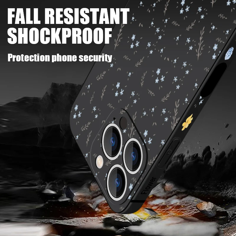 Para iPhone 16 Pro Max funda con cordón pequeño patrón de flores azules funda de silicona TPU suave para iPhone 17 Pro Max Air 15 14 13 12 1116e