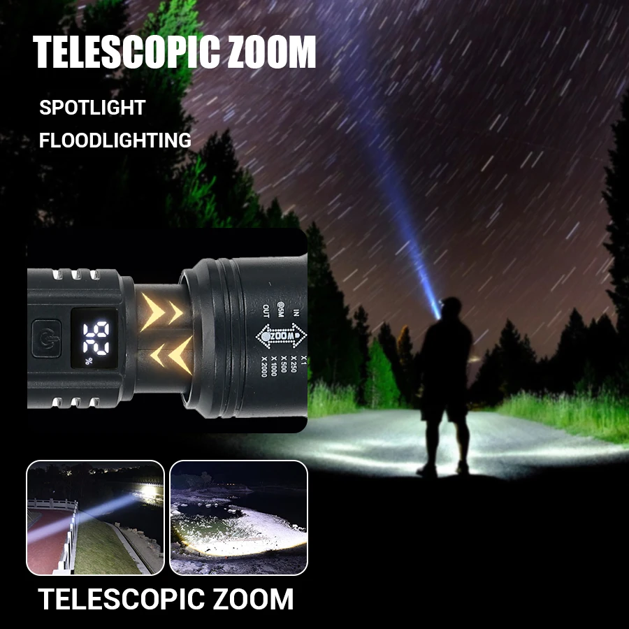 Lanterna LED poderosa com display de bateria USB recarregável luz telescópica zoom tocha lâmpada de acampamento ao ar livre lanterna de pesca 9900LM