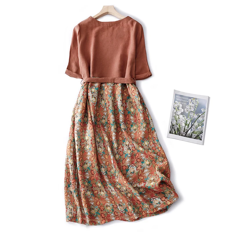 2024 New Summer Women Floral Print Dresses Office Lady Short Sleeve O-Neck A-Line Midi Party Dress Female Lace-up Slim Sundress