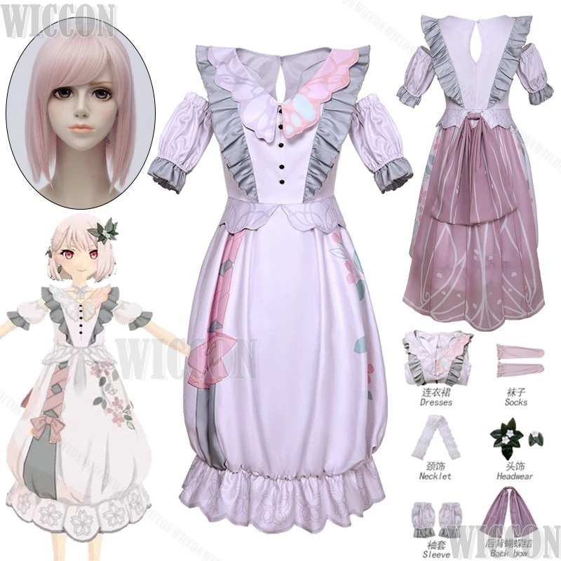 Akiyama mizuki pjsk jogo mzk5 projeto sekai colorido palco cosplay traje peruca lolita vestido rosa menina feminino Holloween personalizado