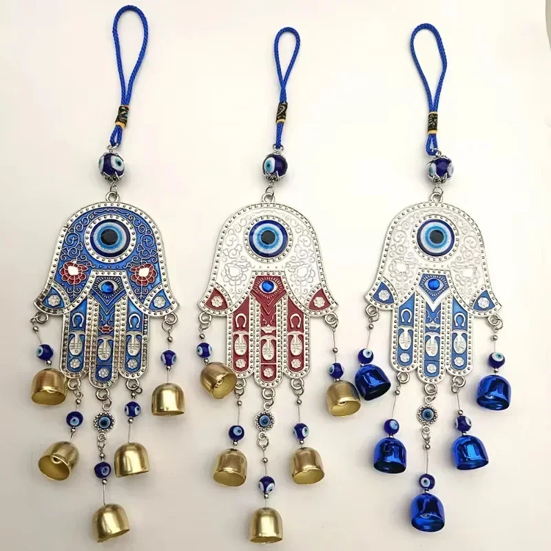 Hand Wind Chimes Wall Hanging Ornaments Fatima Turkey Blue Evil Eyes Metal Small Bell Pendant Outdoor Hamsa Garden Decoration