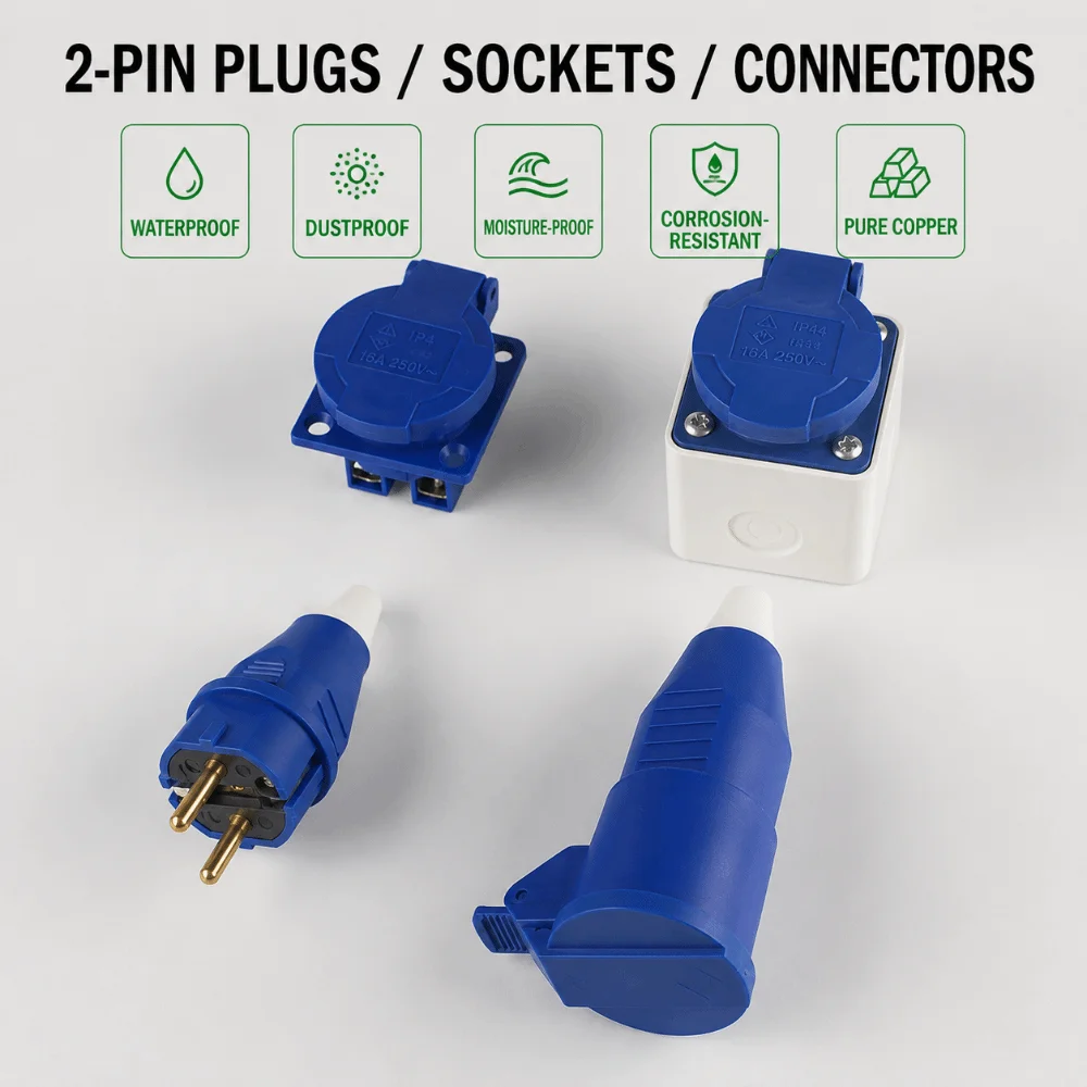 2 Pin 16A Industrial Connector IP44 Grade EU Spec Shell AC Power Socket Weather Proof Single Phase EU Standard Plug