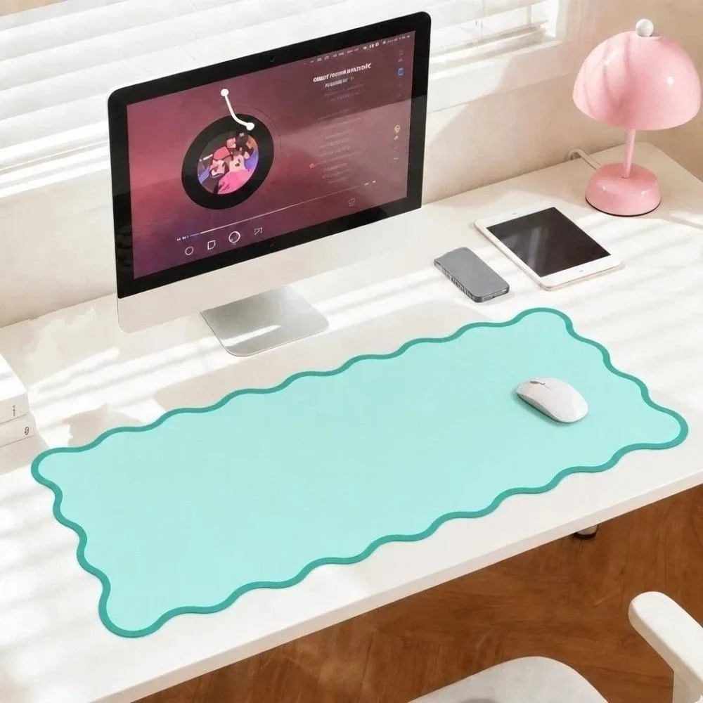 Sweet PU Leather Desk Pad Non Slip Wave Edge Mouse Pad Large Simple Table Mat Learning