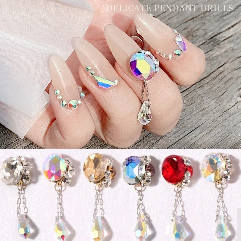 1Pc Tear Drop Pearl Chain Cluster Rhinestone Nail Charm Dangle Pendant Shiny Ornament DIY Handmade Nail Manicure Art Decor