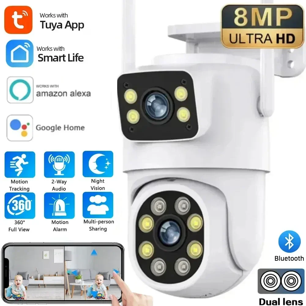 

4K 8MP Tuya Dual Lens PTZ WIFI Camera Full HD Dual Screen Ai Human Auto Tracking Outdoor 4MP Security Video Surveillance Camera