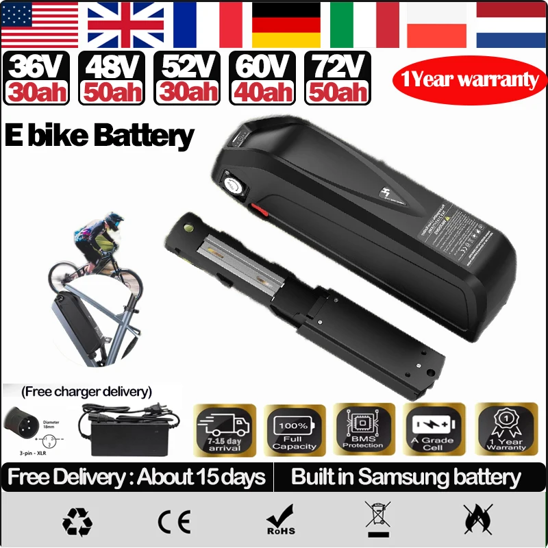 48V Rechargeable Battery 52v Electric Bike Battery 60V Hailong 72V 20ah 30ah 35 40 50ah 60ah Scooter 18650 Lithium Battery Pack