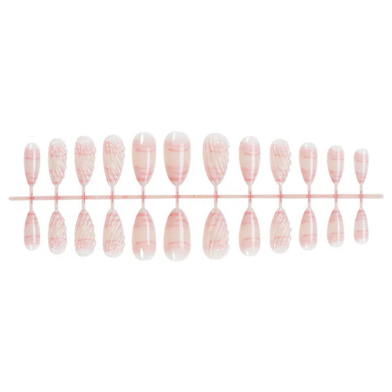 24pcs Light Pink False Nails 3D Shells Embossed Press On Nails Sweet Korean Style Wearable Almond Fake Nail Patches For Women