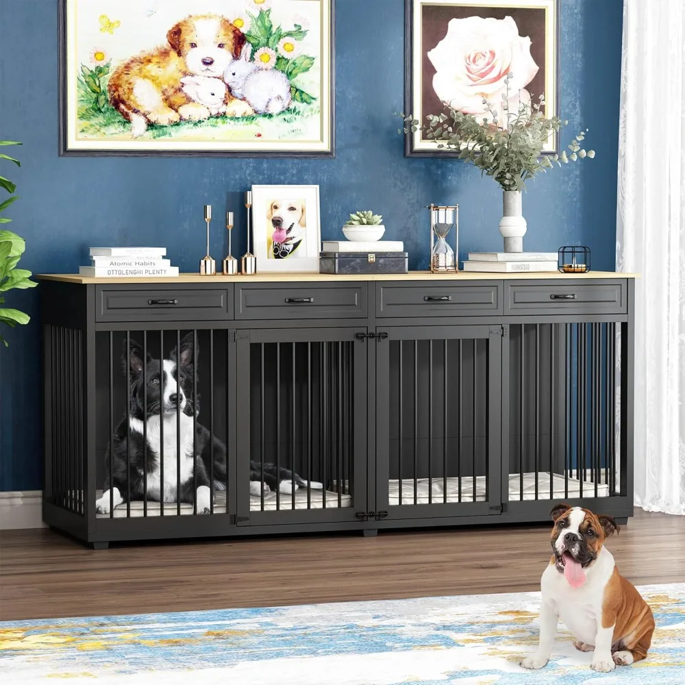 Large Wooden Dog Kennel with Drawers & Divider,Indoor Furniture Style,Double Rooms for Large Medium Small Dogs,86.6 Inch Black