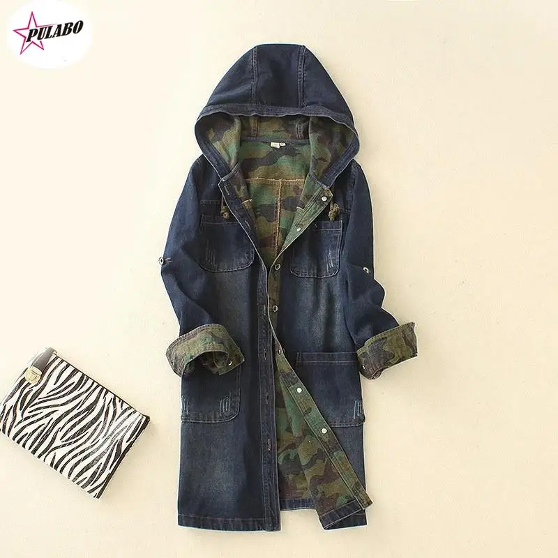 

PULABO Single-breasted Long Denim Hooded Jacket Camouflage High Quality Women Denim Jacket Spell Color