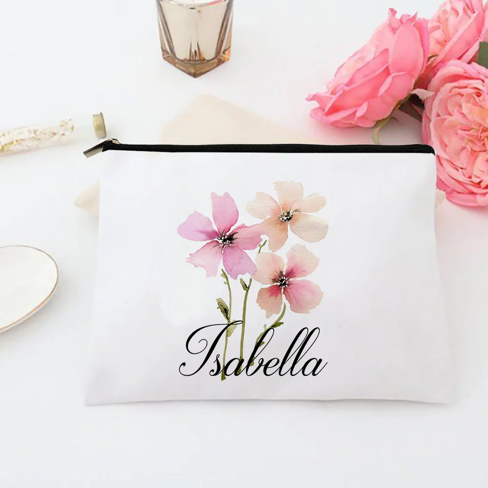 Personalized Flower with Name Canvas Makeup Case Cosmetic Bags Zipper Toiletries Pouch Bridesmaid Teacher Mother Gift for Her