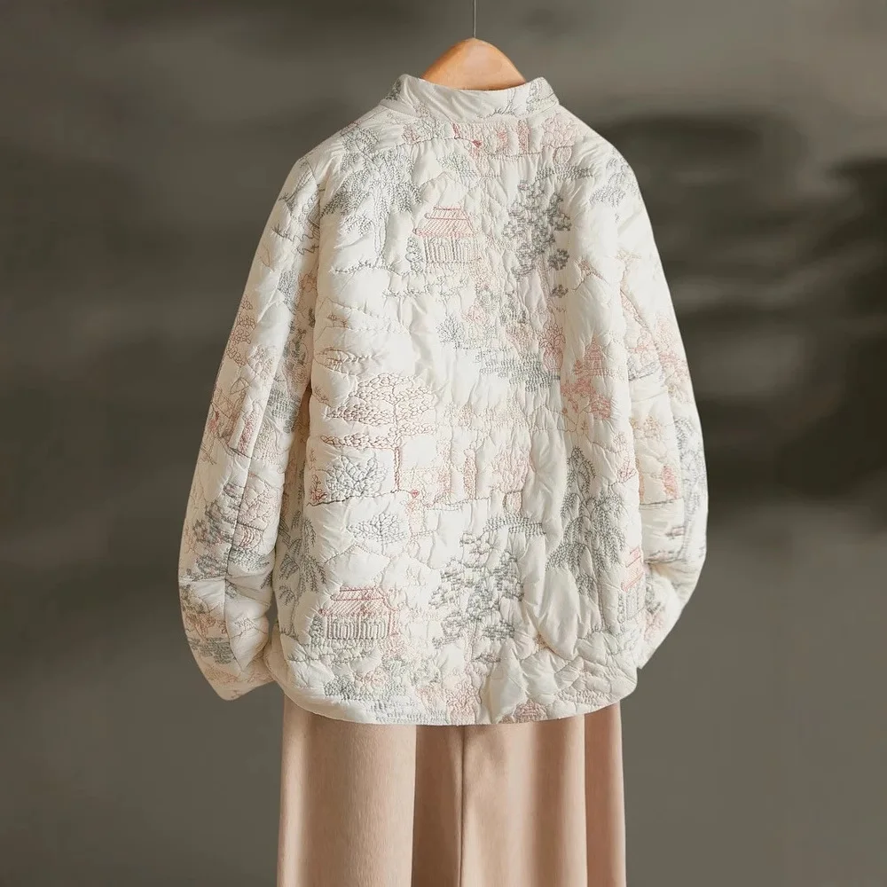 Parkas Women Coats Floral Embroidery Jackets Full Sleeve Thick Warm Y2k Streetwear Elegant Jacket Work Coat Autumn Winter 2025