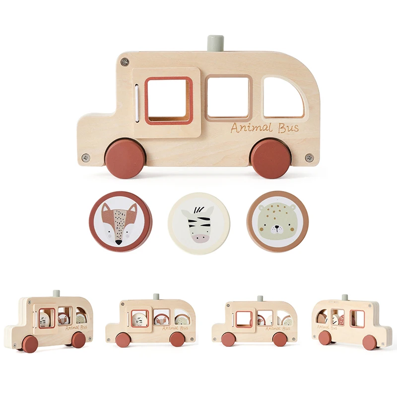 

1PC Wooden Bus Toy Montessori Hand-pushed Car Baby Hand-eye Coordination Exercise Toys Parent-child Interactive Games Baby Gifts