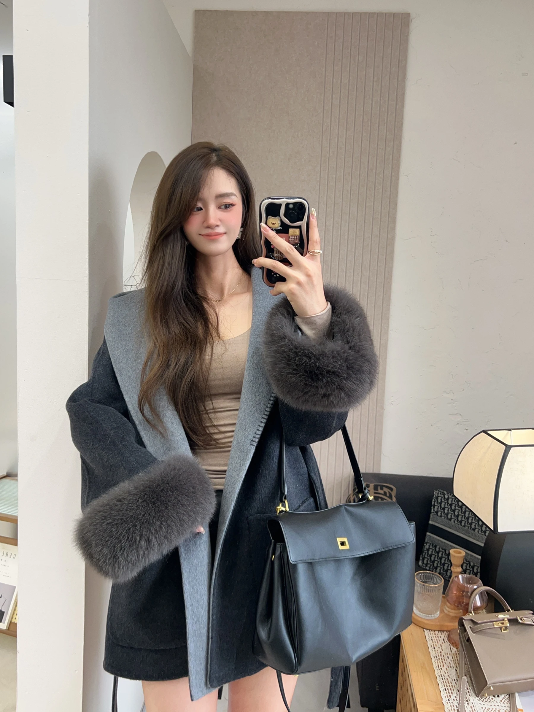 겨울 리얼 퍼 코트 여성 천연 여우털 커프스 후드 캐시미어 울 아우터 재킷 여성 양면 착용 가능