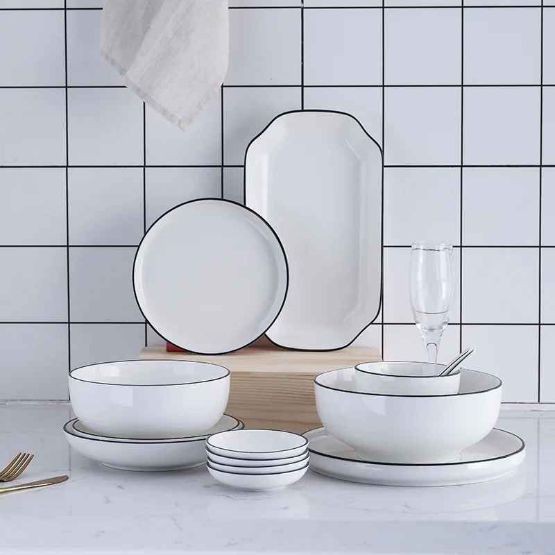 White With Black Dinner Plate Set Ceramic Serving Tray Food Dishes Rice Salad Noodles Bowl Soup Kitchen Dinnerware