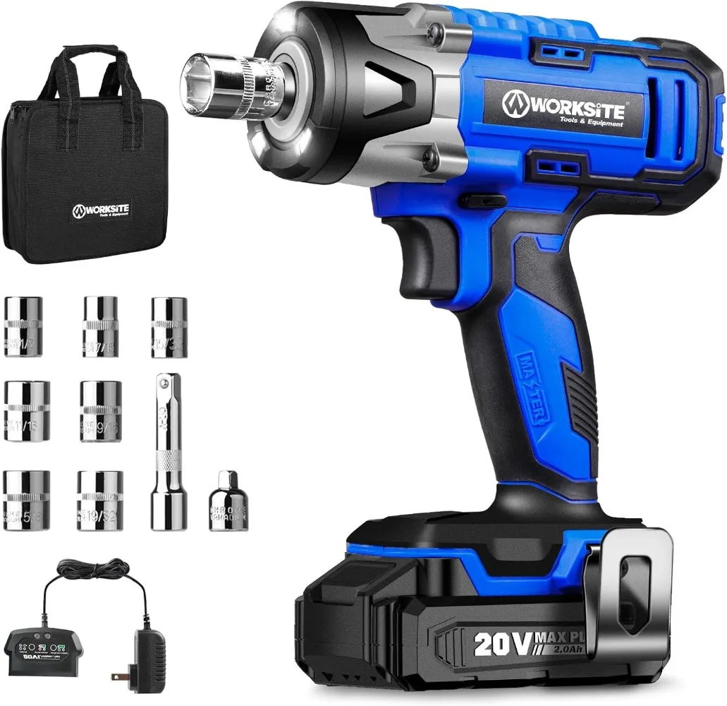 

WORKSITE 20V Cordless Impact Wrench 3/8 in,Impact Gun W/ 2.0A Li-ion Battery, Charger,8Pcs Driver Impact Sockets, 3/8" To 1/4"