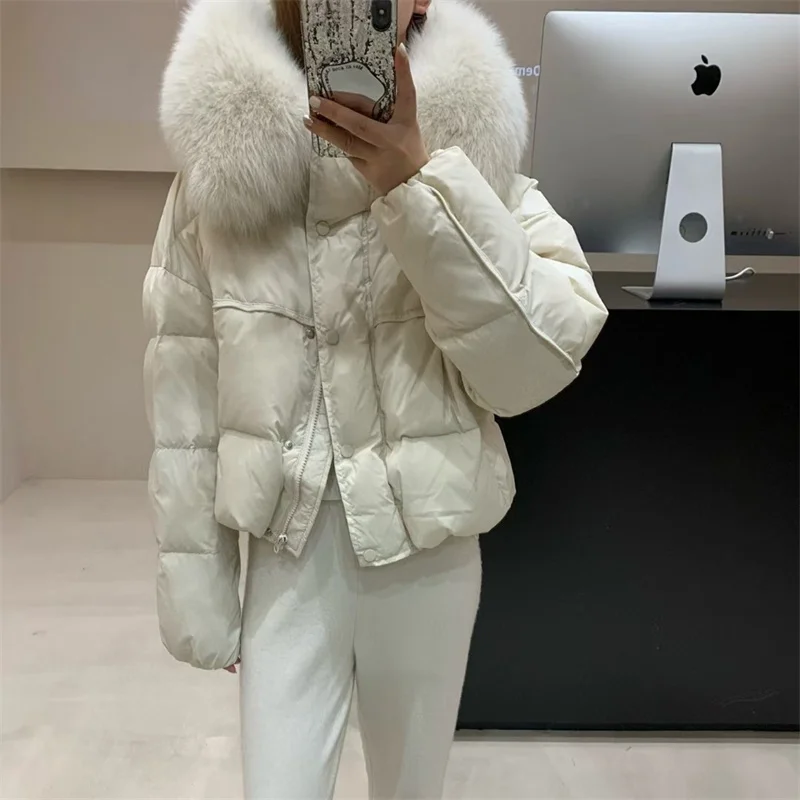 New Winter Luxury Fur Parka Women Natural Real Fox Fur Collar 90% White Duck Down Jacket Thick Warm Loose Short Coat