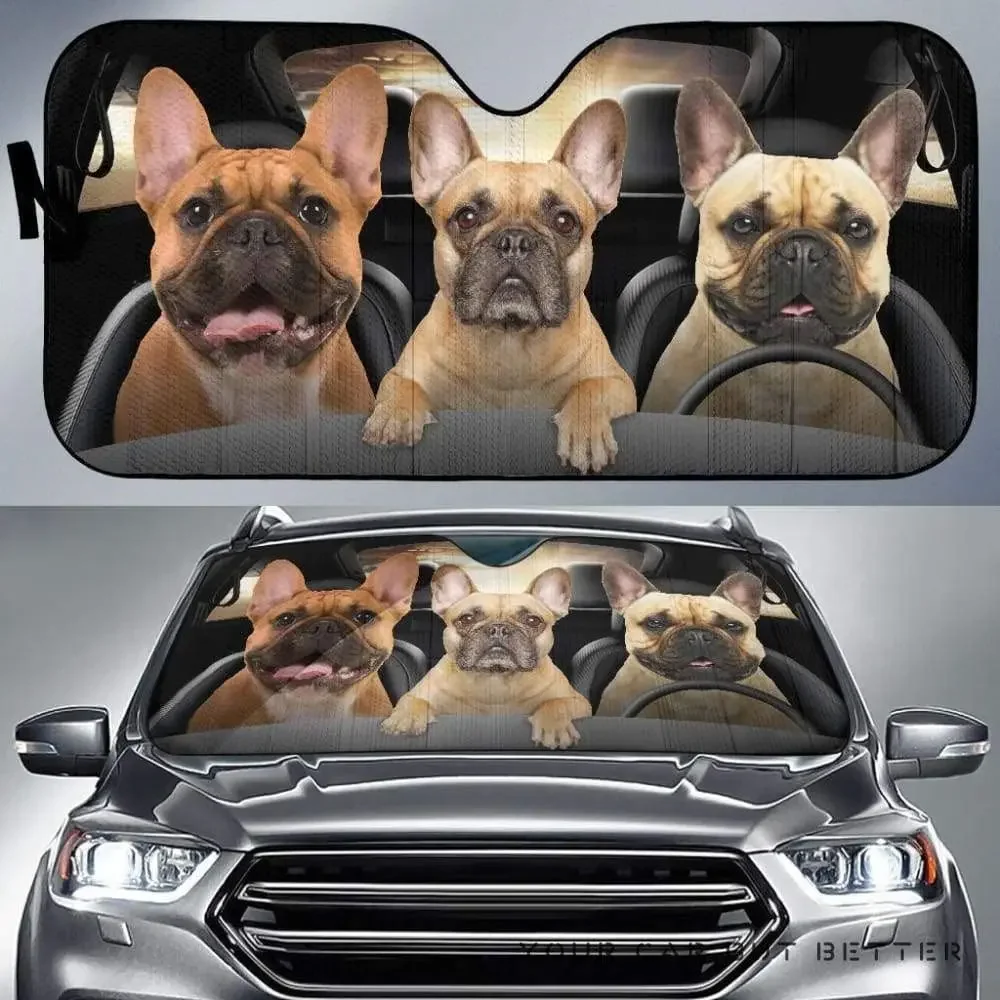 Funny Three French Bulldog Dogs Driving Dog Lover Car Sunshade, Cute French Bulldogs Family Driving Auto Sun Shade, Windshield V