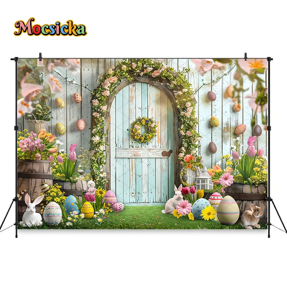 Mocsicka عيد الفصح حديقة باب خشبي خلفية الربيع التصوير الفوتوغرافي الأرنب زهرة البيض خلفية الاطفال كعكة الطفل سحق فوتوزون استوديو