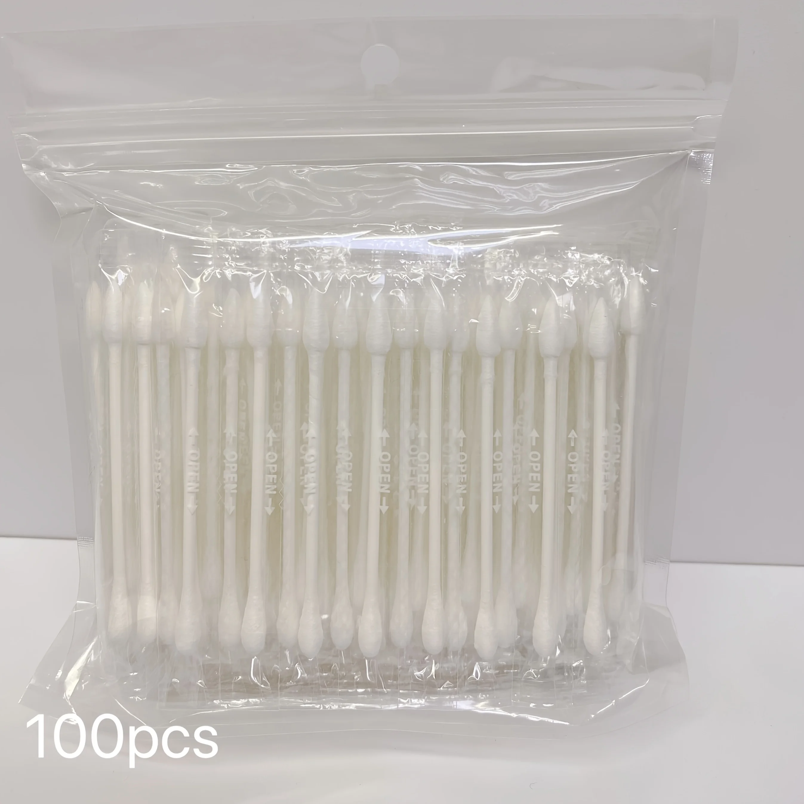 100 individually packaged pointed, round cotton swabs – clean, hygienic, free of lint, practical, and affordable.