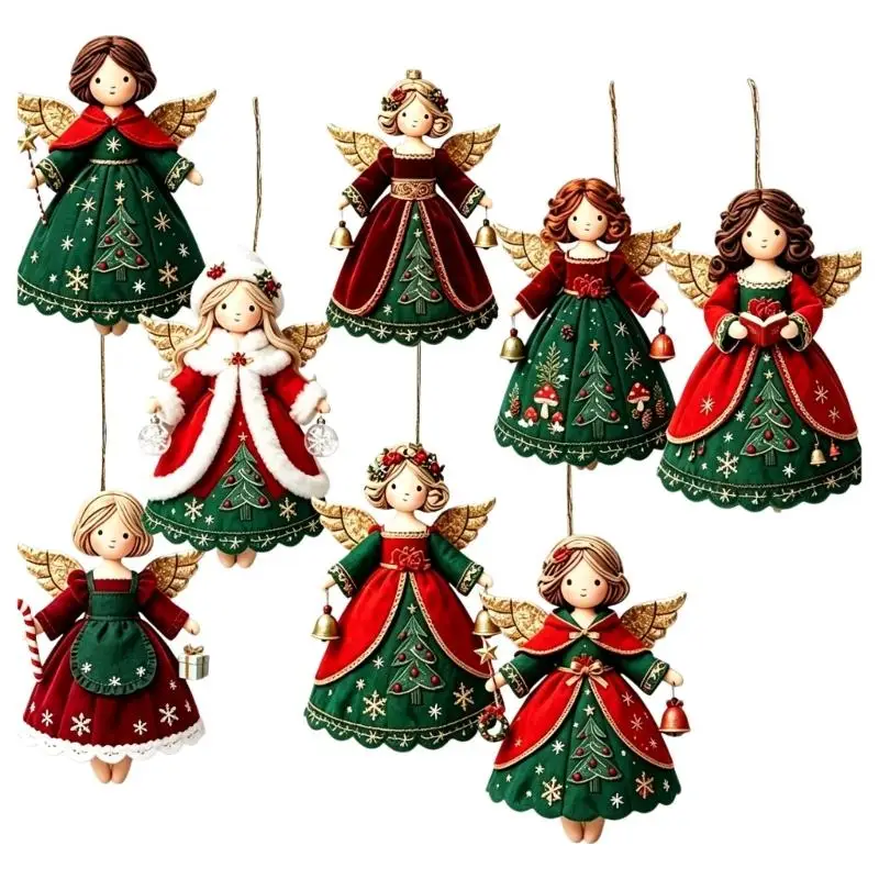 E8BD Corded Christmas Angel Decorations, Illustrated Wooden Figures for Seasonal Displays, Gift Bags, Wreaths, and Mantels